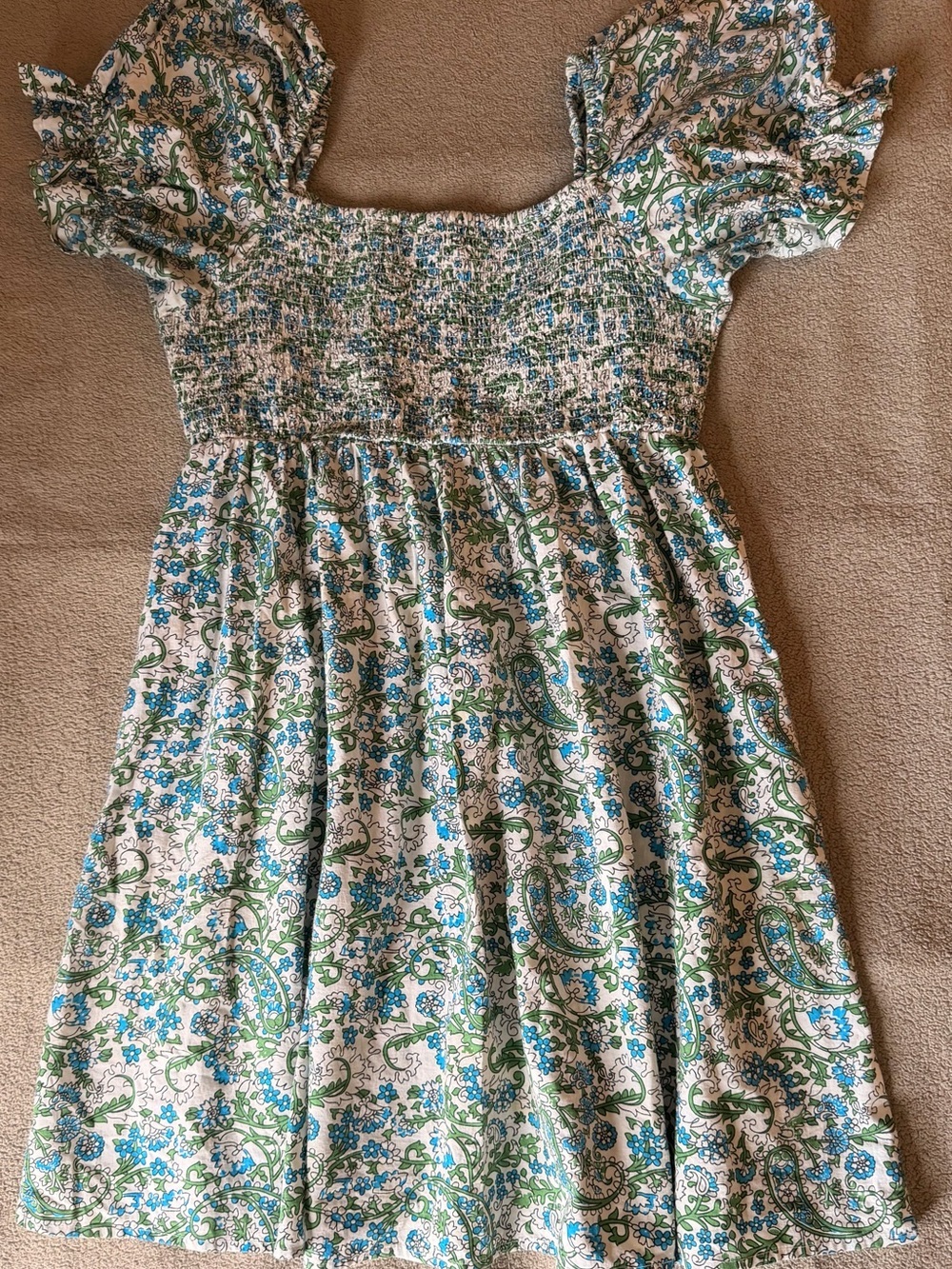 Floral Smocked Mini Dress in Blue, White & Green - Picture 4 of 11